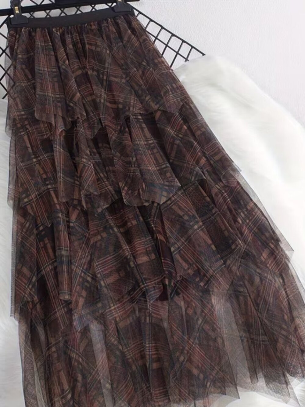 Coffee Mesh Frilly Plaid Pattern Grunge Skirt - Picture 2 of 5